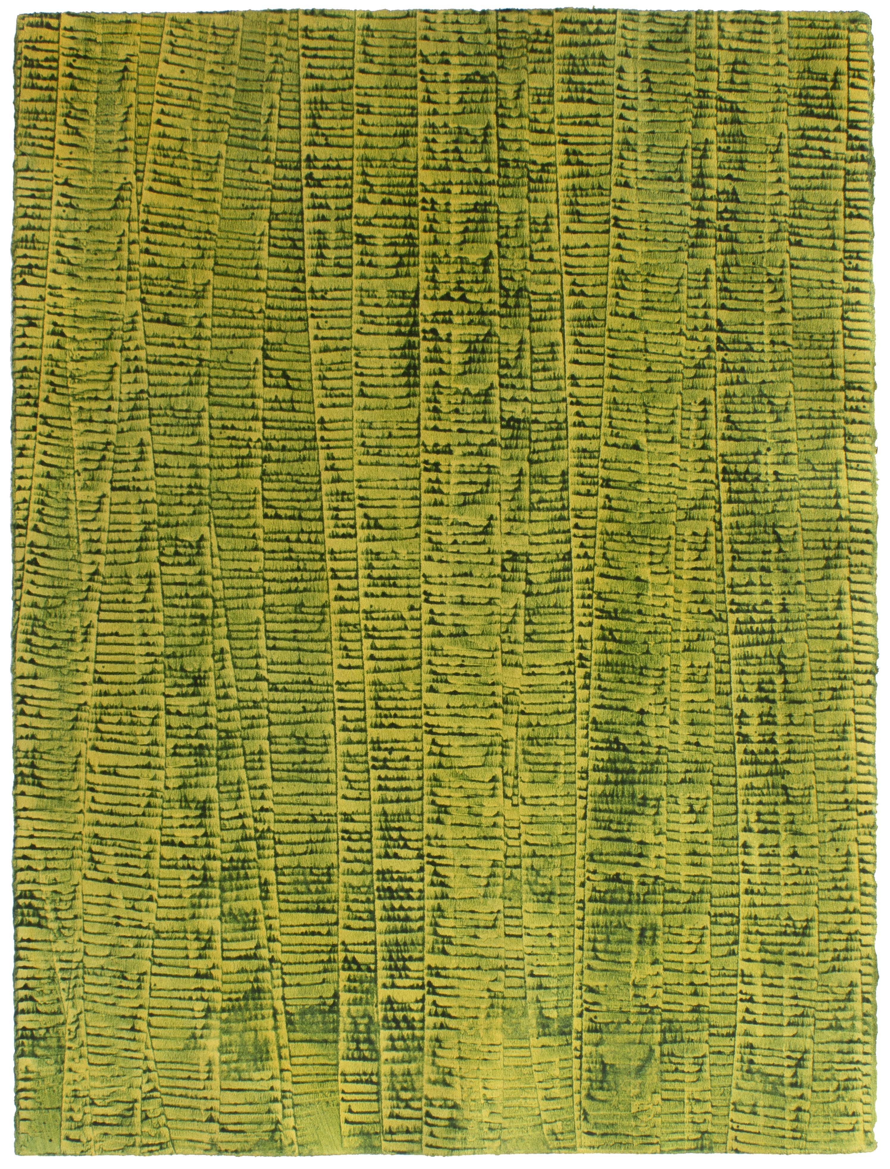 Sheet of hand-painted wallpaper with an undulating ribbon pattern in green on a gold field.