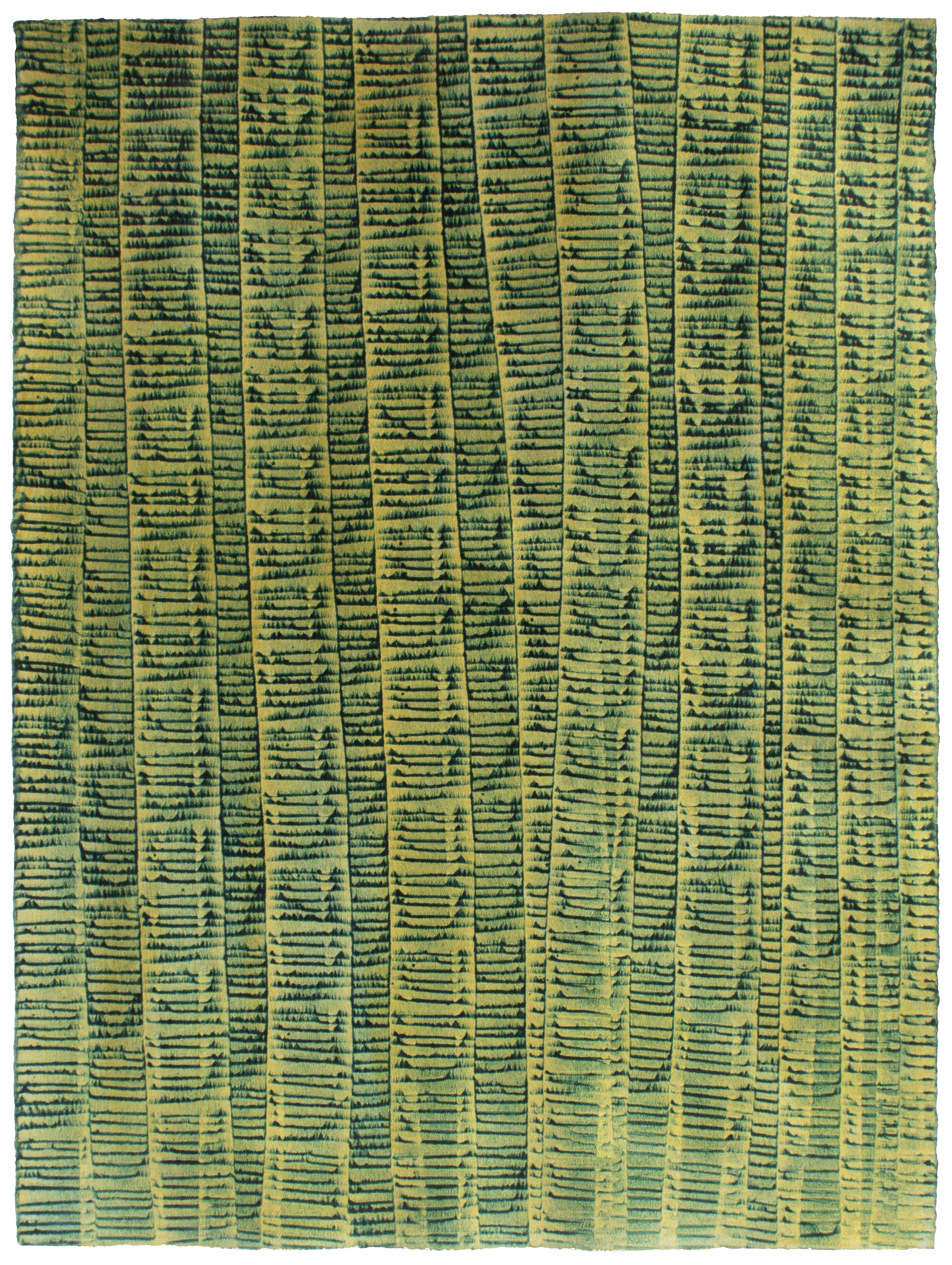 Sheet of hand-painted wallpaper with an undulating ribbon pattern in teal on a gold field.