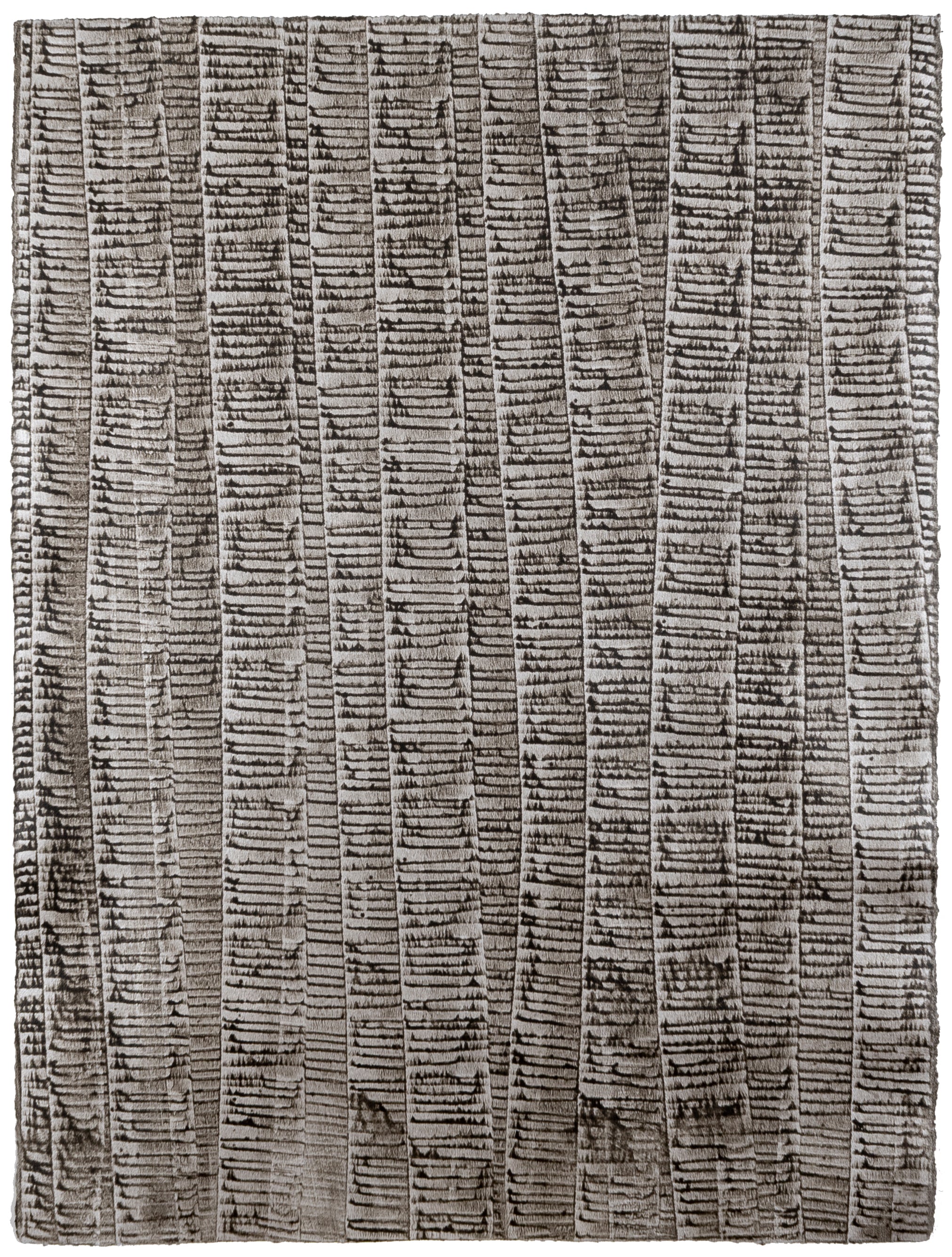 Sheet of hand-painted wallpaper with an undulating ribbon pattern in charcoal on a silver field.