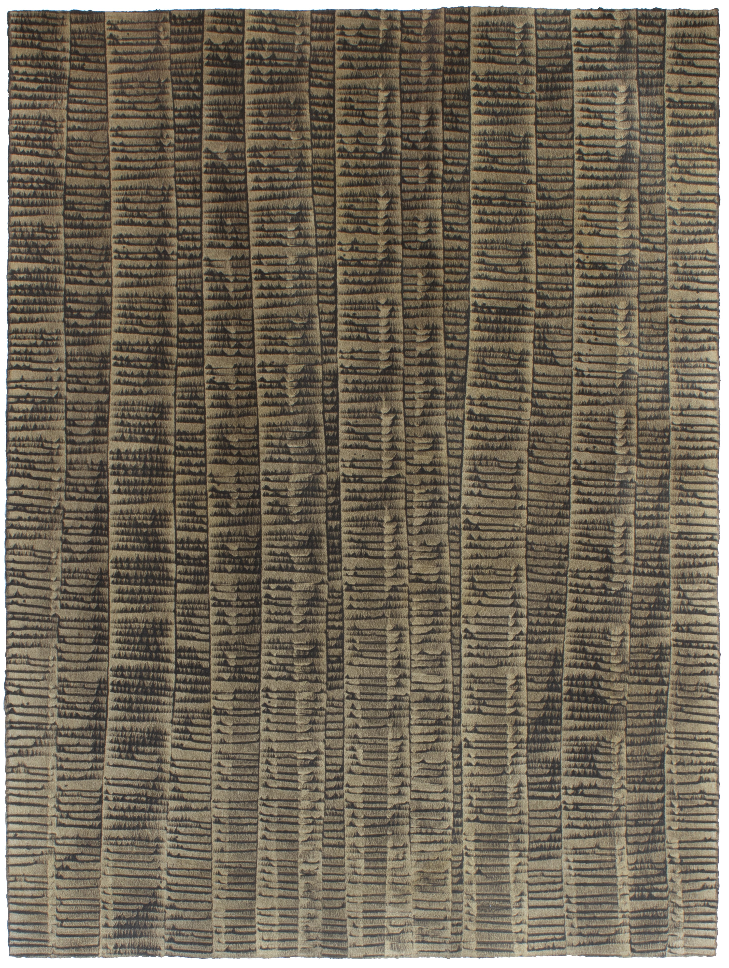 Sheet of hand-painted wallpaper with an undulating ribbon pattern in brown on a brass field.