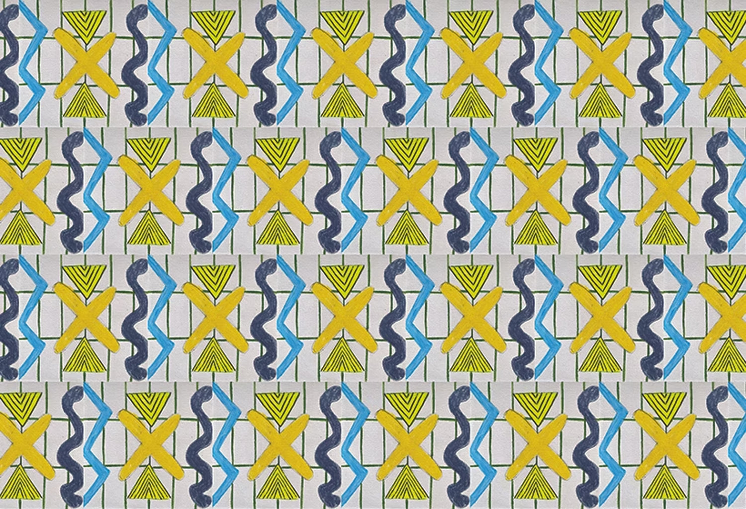 Close up of a printed wallpaper with blue squiggles, yellow striped triangles,  yellow X marks on a broken grid in green on a white background. 