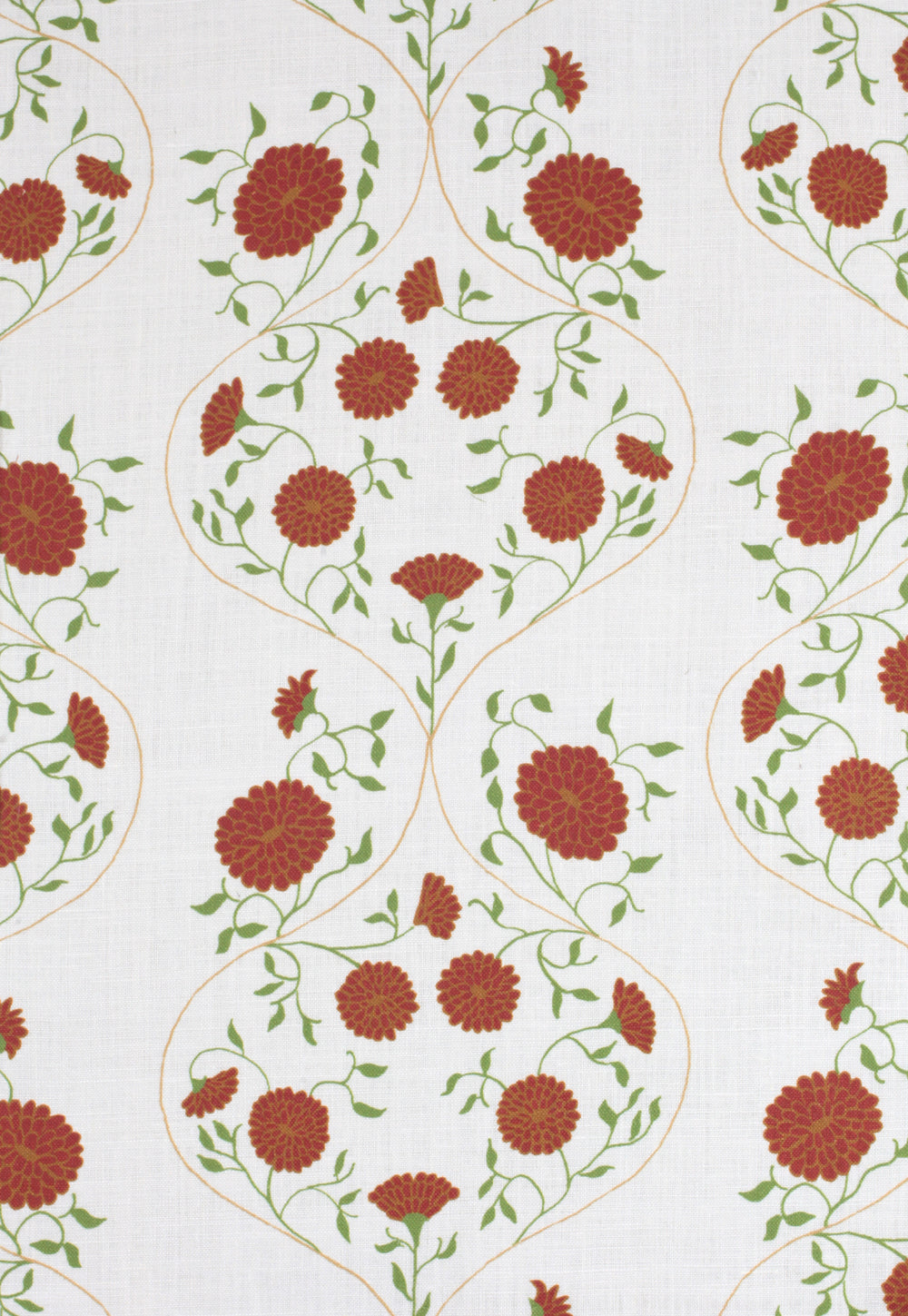 Detail of fabric in a floral lattice print in red, orange and green on a cream field.
