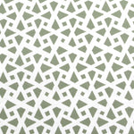 Detail of fabric in a geometric lattice print in sage on a white field.