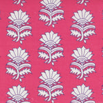 Detail of fabric in a repeating thistle print in white and purple on a fuchsia field.