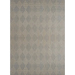 An area rug featuring a classic harlequin diamond pattern in shades of gray and beige.