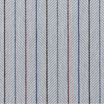 Broadloom carpet in a grey herringbone stripe with blue, red and brown pinstripes. 
