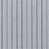 Broadloom carpet in a grey herringbone stripe with blue, red and brown pinstripes. 