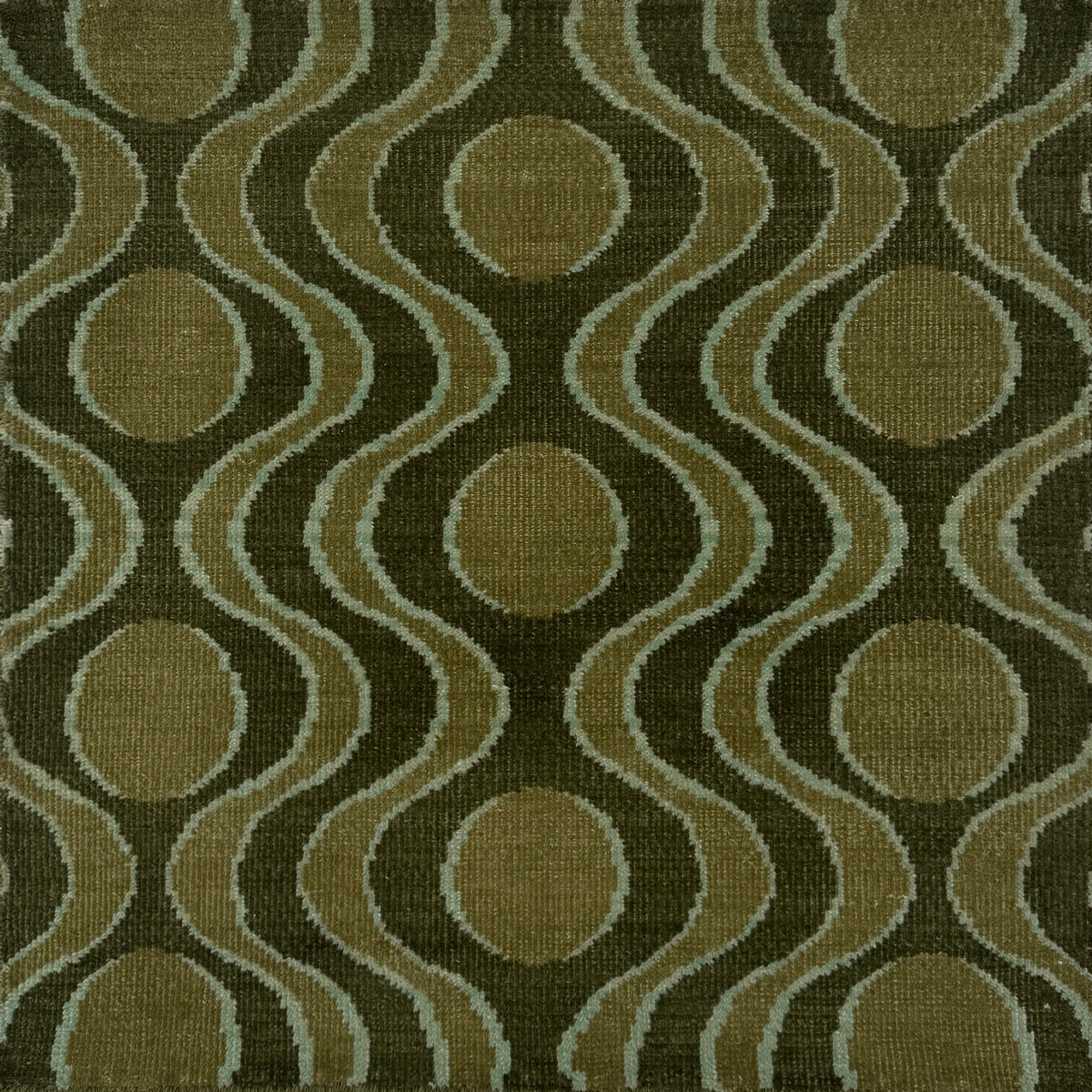 Handknotted rug with retro geo stripe in shades of green with aqua accents. 
