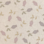 Detail of fabric with a small-scale tulip print in shades of purple and tan on a cream field.