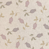 Detail of fabric with a small-scale tulip print in shades of purple and tan on a cream field.
