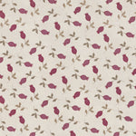 Fabric with a small-scale tulip print in shades of magenta and tan on a cream field.
