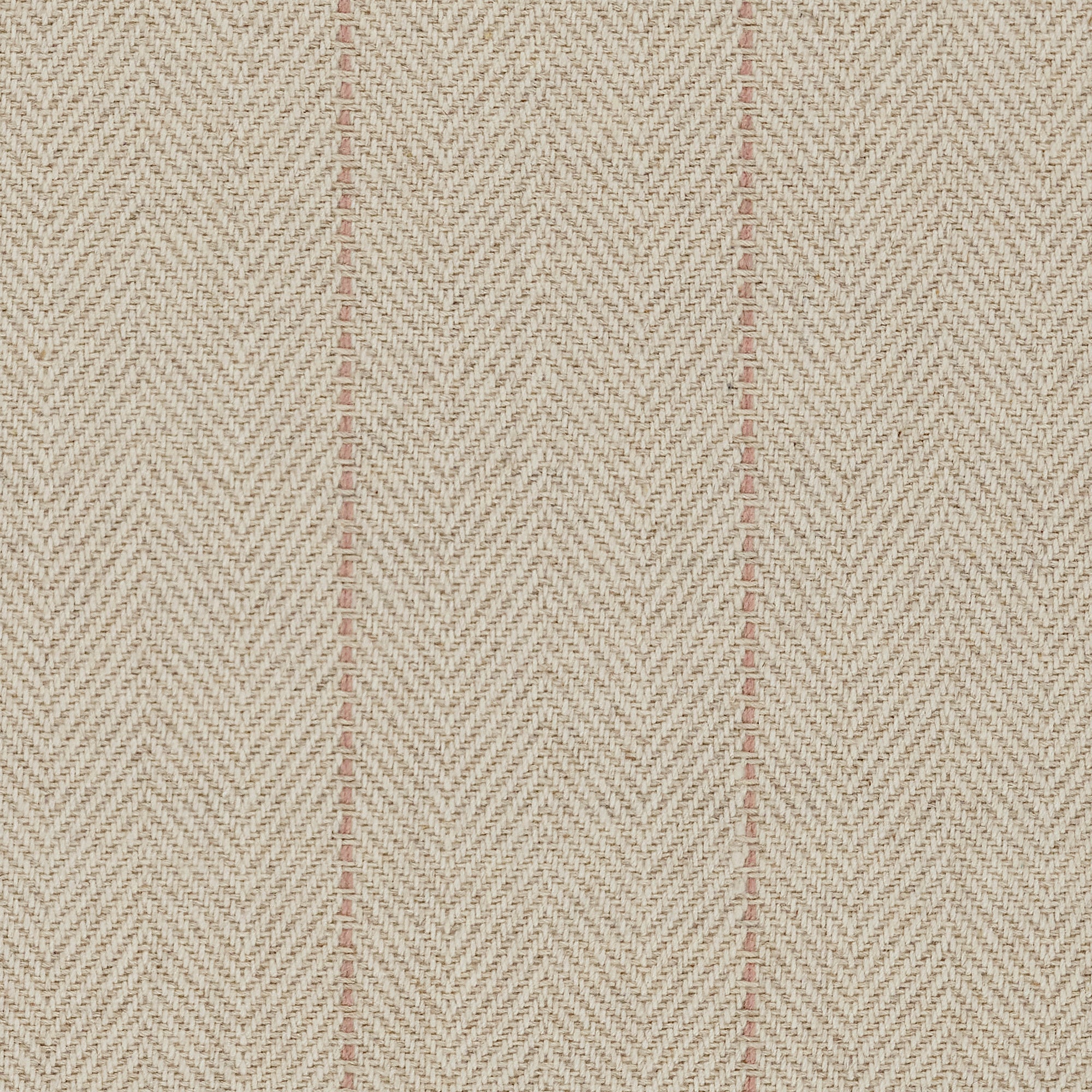 Broadloom carpet in a herringbone in taupe with a pink accent stripe. 