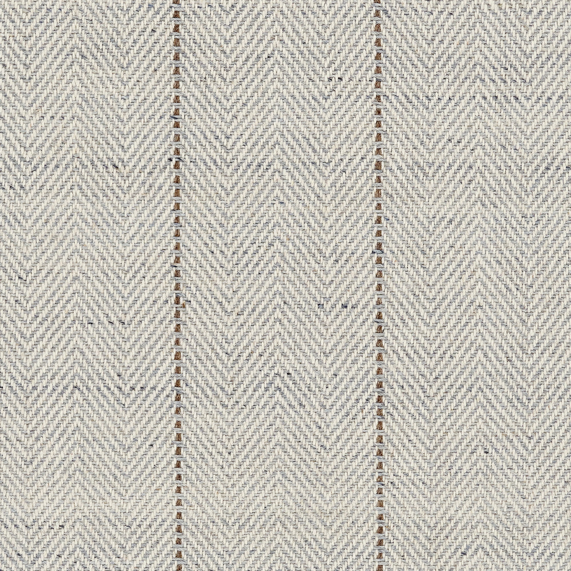 Broadloom carpet in a herringbone in slate blue with a brown accent stripe. 