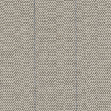 Broadloom carpet in a herringbone in grey with a light blue accent stripe. 