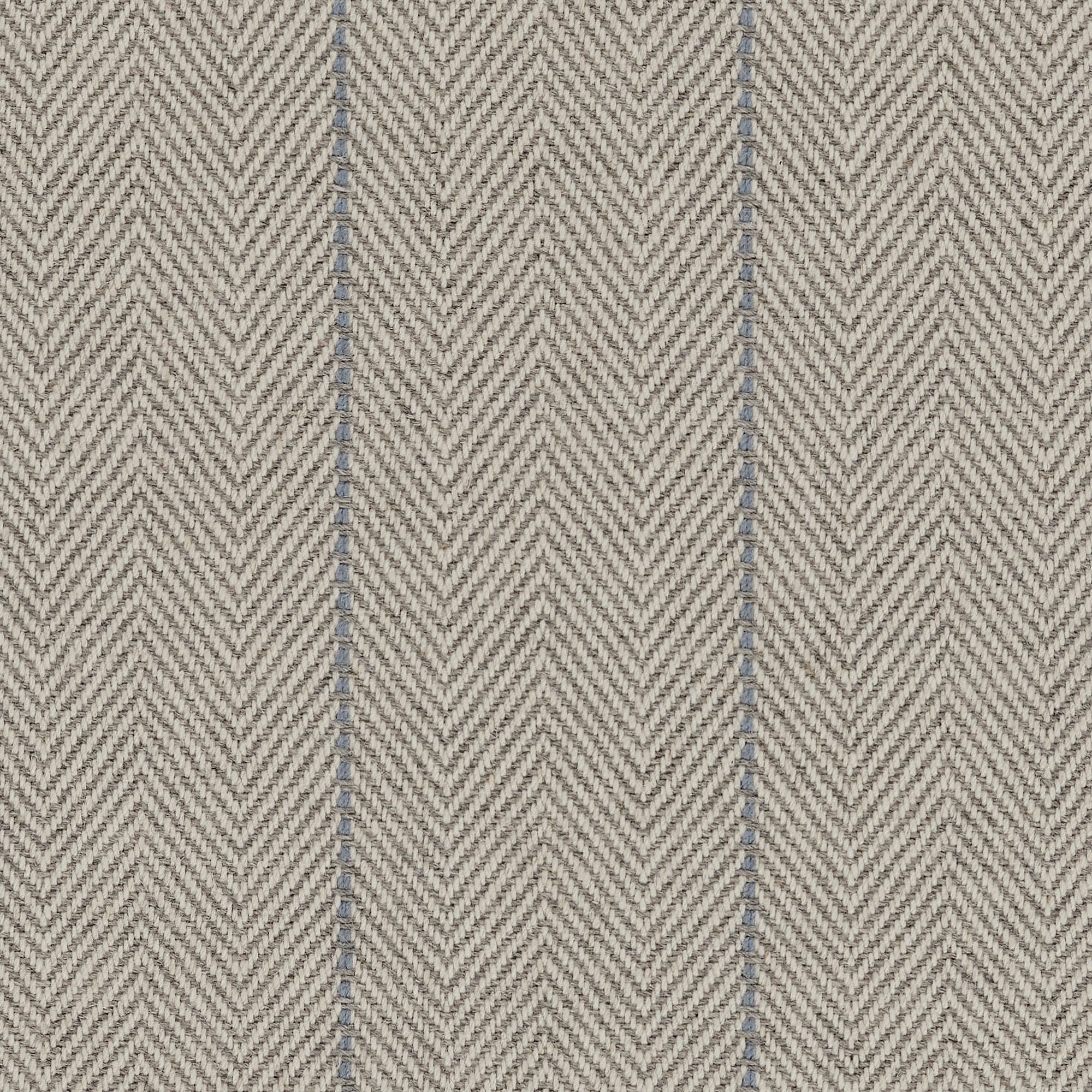 Broadloom carpet in a herringbone in grey with a light blue accent stripe. 