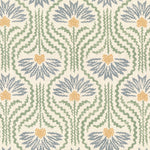 Printed linen in a playful dense blue and yellow with radiating green lines on a cream field. 
