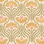 Printed linen in a playful dense yellow and pink floral with radiating tan lines on a cream field. 
