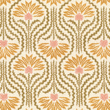Printed linen in a playful dense yellow and pink floral with radiating tan lines on a cream field. 