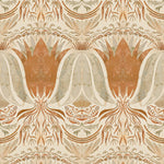 Detail of wallpaper in a floral damask print in shades of coral and gray on a cream field.