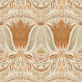 Detail of wallpaper in a floral damask print in shades of coral and gray on a cream field.