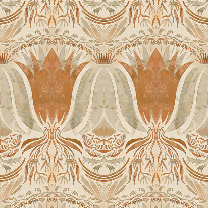 Detail of wallpaper in a floral damask print in shades of coral and gray on a cream field.