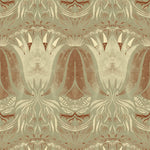 Detail of wallpaper in a floral damask print in shades of cream and brown on a sage field.