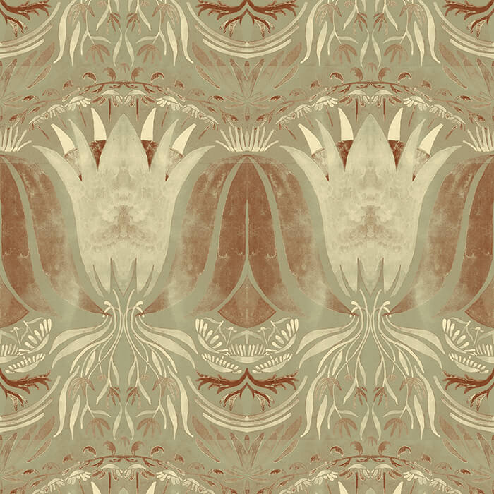 Detail of wallpaper in a floral damask print in shades of cream and brown on a sage field.