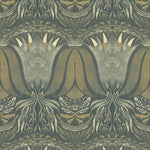 Detail of wallpaper in a floral damask print in shades of cream and gold on a navy field.