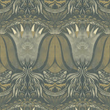 Detail of wallpaper in a floral damask print in shades of cream and gold on a navy field.