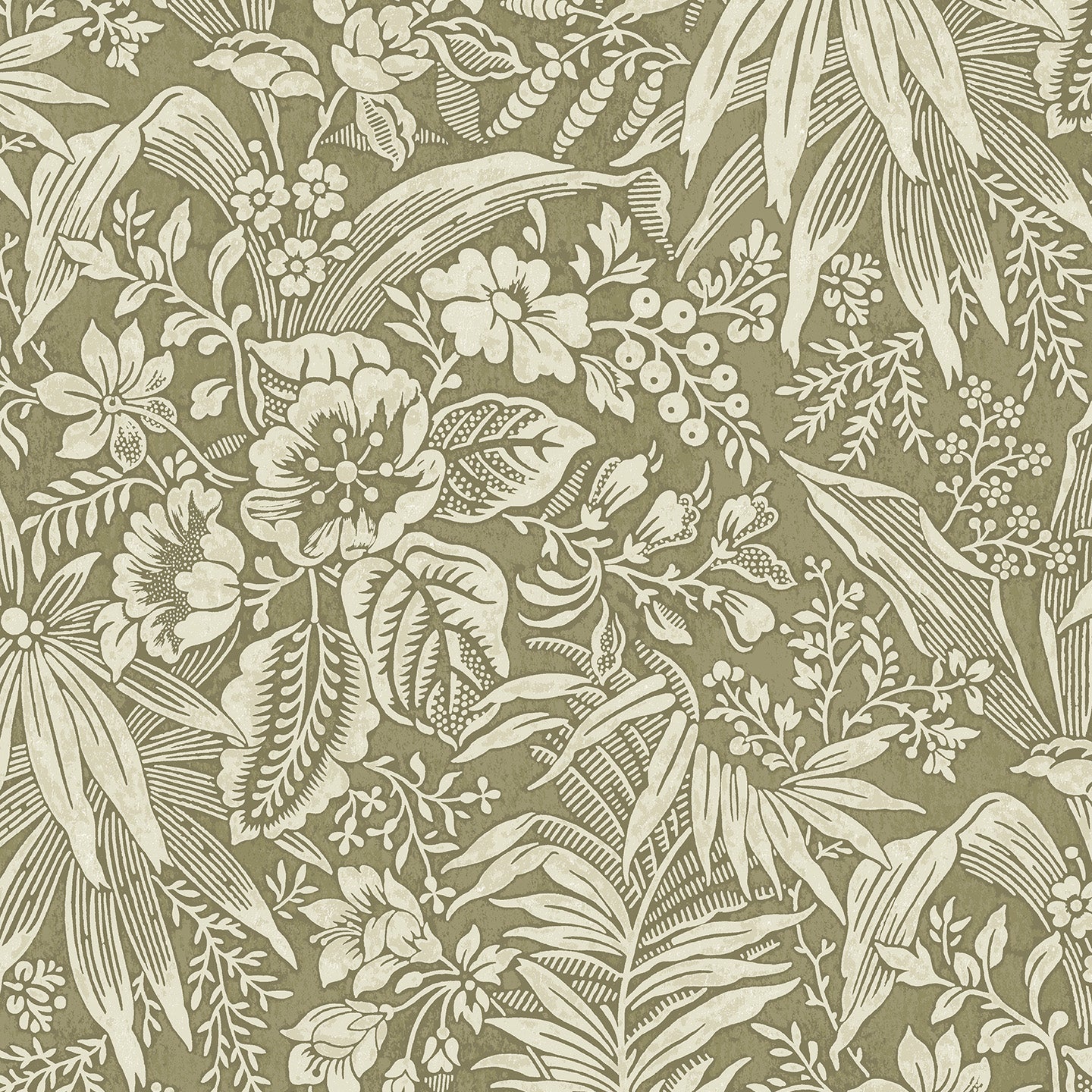 Wallpaper in beige floral and leaf pattern on a green background