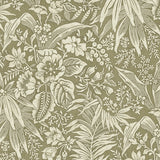 Wallpaper in beige floral and leaf pattern on a green background