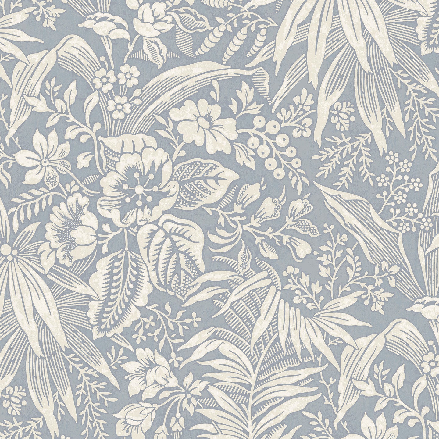 Wallpaper in beige floral and leaf pattern on a blue-grey background