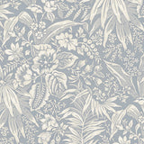 Wallpaper in beige floral and leaf pattern on a blue-grey background