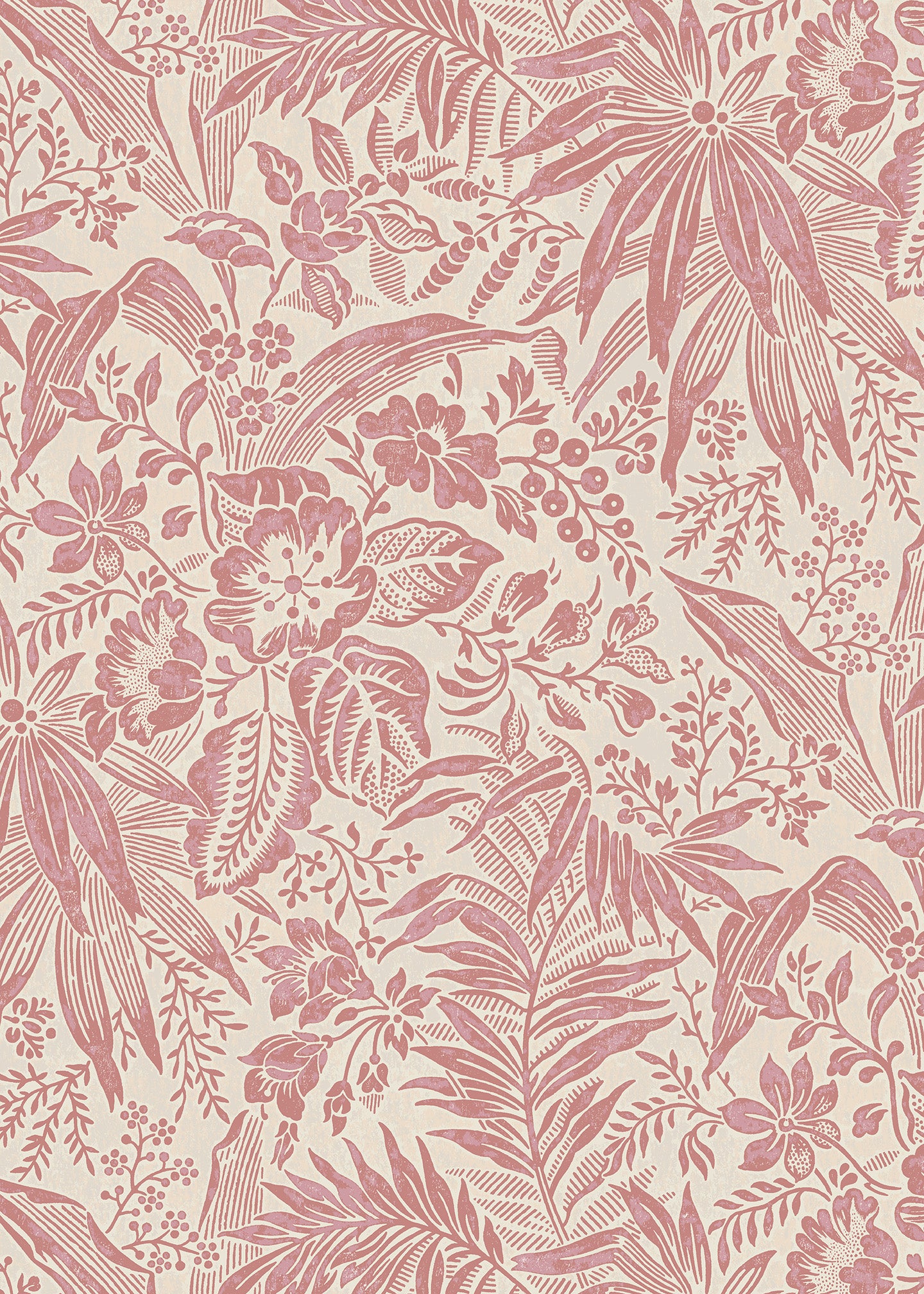 Wallpaper in pink floral and leaf pattern on a cream background