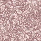 Wallpaper in beige floral and leaf pattern on a mauve background