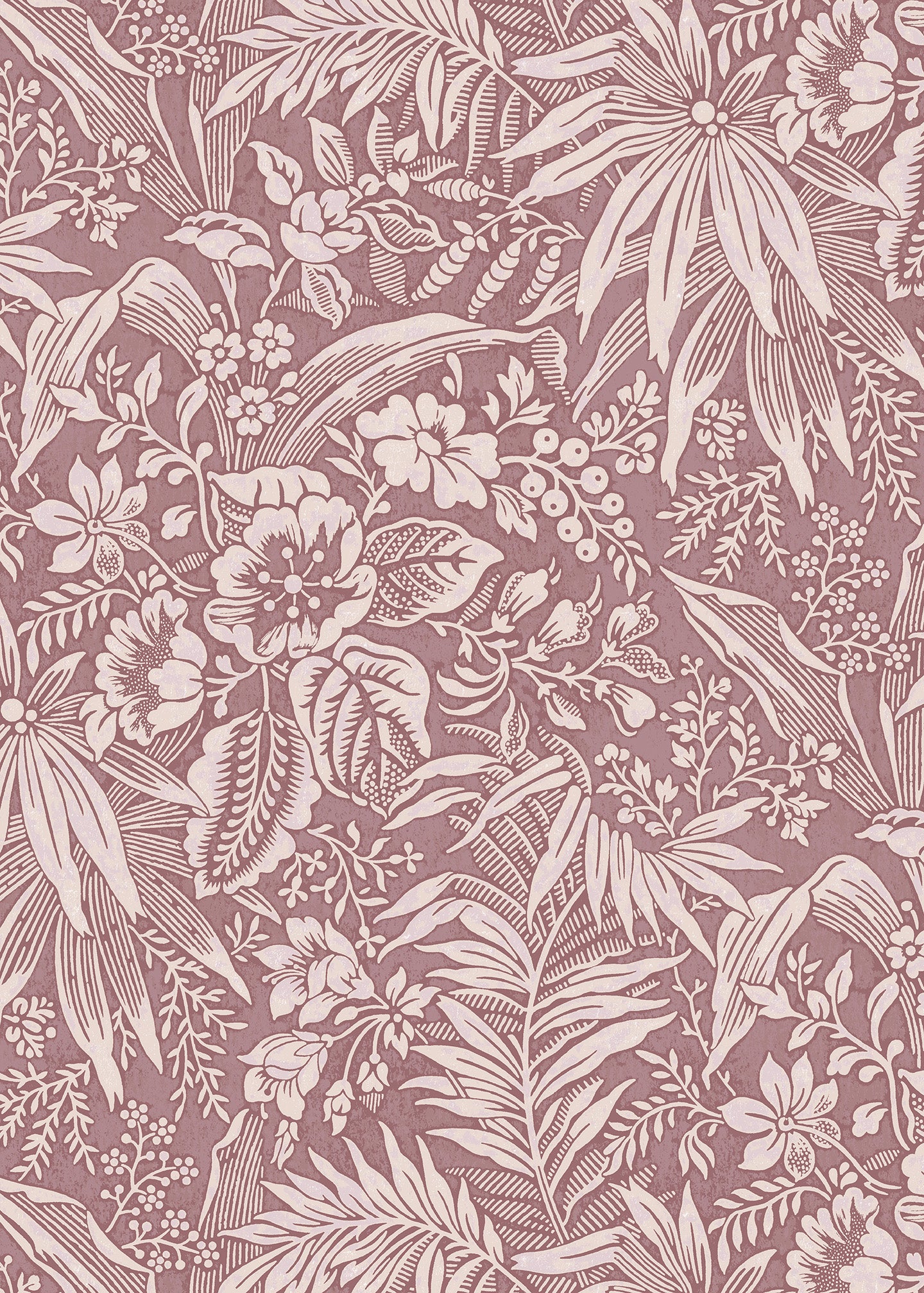 Wallpaper in beige floral and leaf pattern on a mauve background