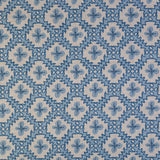 Detail of fabric in a playful floral grid print in shades of blue on a white field.