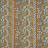 Handwoven silk fabric with scrolling stripe design in orange, green, yellow, grey and white. 