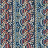 Handwoven silk fabric with scrolling stripe design in shades of blue, red, pink, tan and white. 