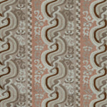 Handwoven silk fabric with scrolling stripe design in pink, beige, brown and white. 