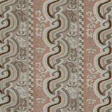 Handwoven silk fabric with scrolling stripe design in pink, beige, brown and white. 