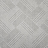 Broadloom rug sample in a diamond pattern in stripes of white and light grey.