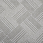 Broadloom rug sample in a diamond pattern in stripes of white and toner grey. 