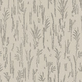Detail of printed wallpaper with a  black pointillist wheat frond pattern on an ecru background.