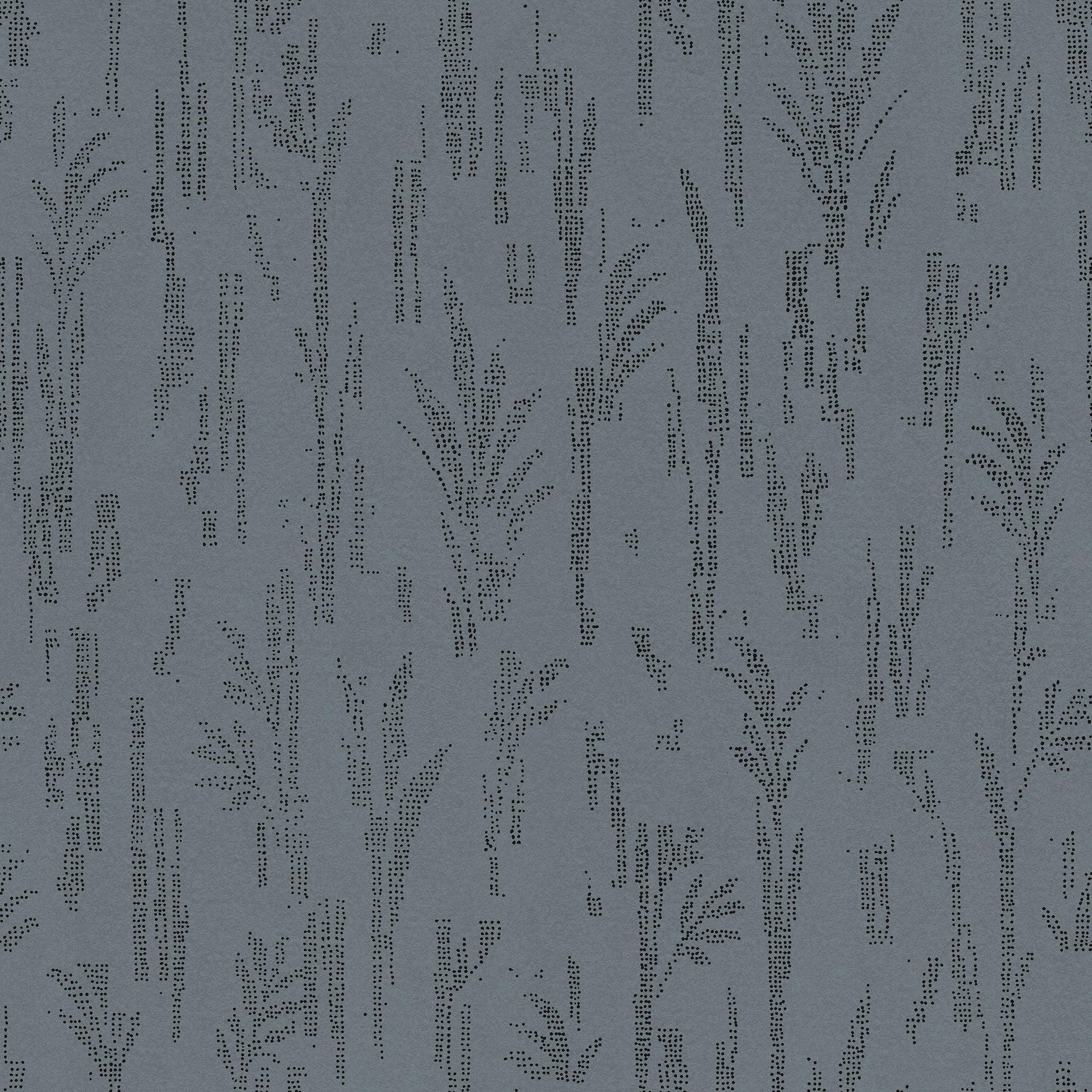 Detail of printed wallpaper with a  black pointillist wheat frond pattern on a soft cool blue background.
