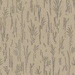 Detail of printed fabric with a black pointillist wheat frond pattern on a warm beige background. 