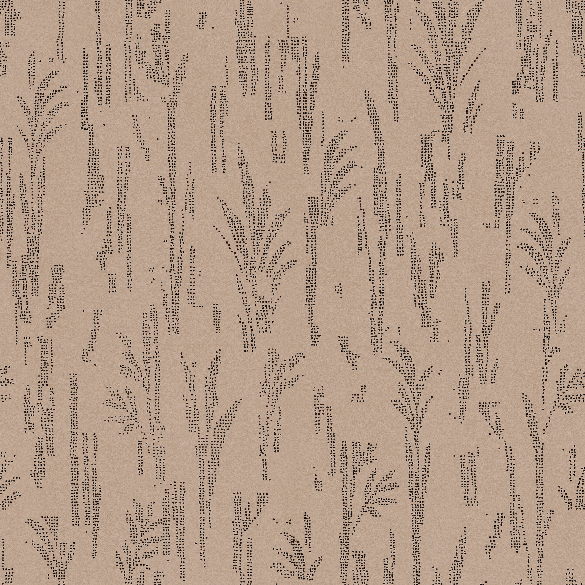 Detail of printed wallpaper with a  black pointillist wheat frond pattern on a soft clay pink background.