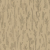Detail of printed wallpaper with a  black pointillist wheat frond pattern on a tan background. 