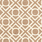 Detail of fabric in a geometric lattice print in light brown on a cream field.