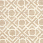 Detail of fabric in a geometric lattice print in tan on a cream field.